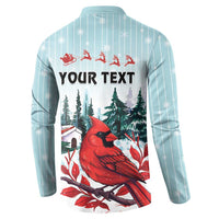 Light mint back of button-up sweatshirt with “YOUR TEXT” and cardinal in winter forest