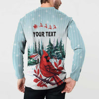 Light mint back view button-up sweatshirt on model with “YOUR TEXT” over cardinal winter scene