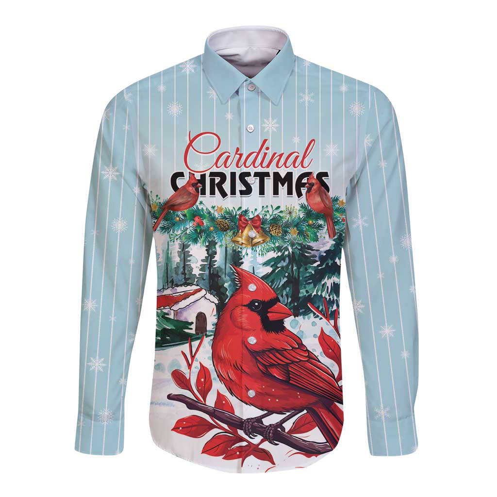 Mint button-up long-sleeve shirt with cardinal Christmas graphic, snowflake stripes