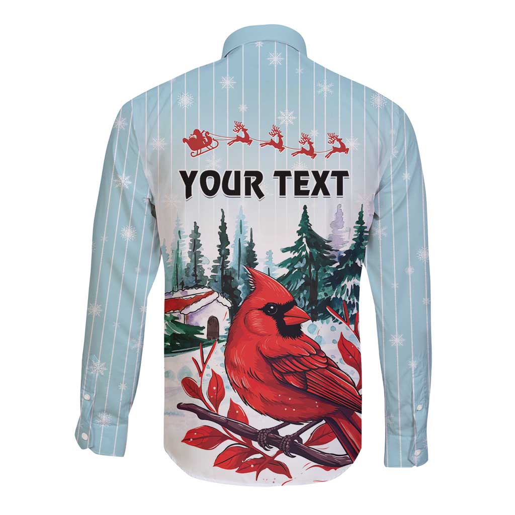Mint button-up long-sleeve shirt with cardinal scene and 'YOUR TEXT' on back