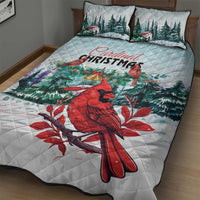 Mint cardinal quilt bed set with two pillows, large red bird and holly branch print