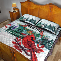 Mint Christmas quilt bed set with two pillows, red cardinal, pine forest and snow motif