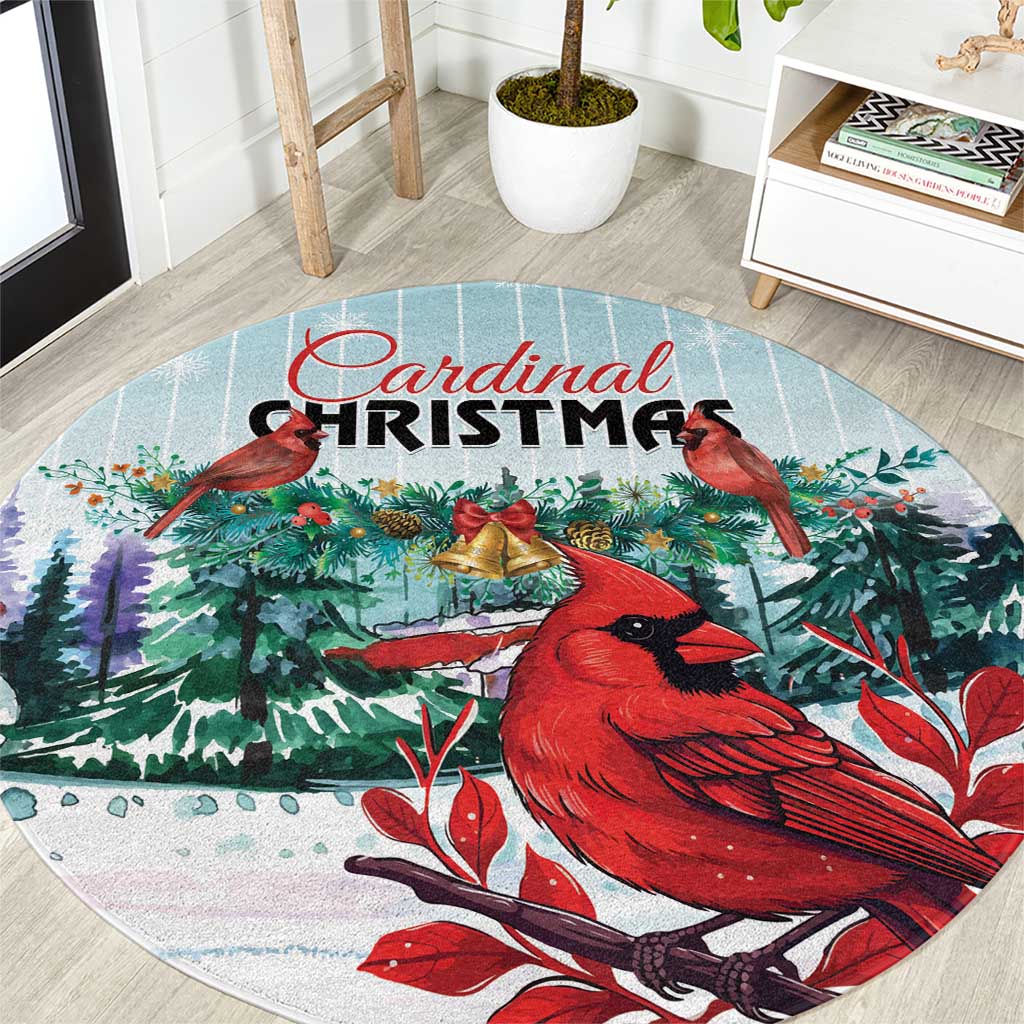 Round mint Christmas area rug with red cardinal birds and pine foliage print