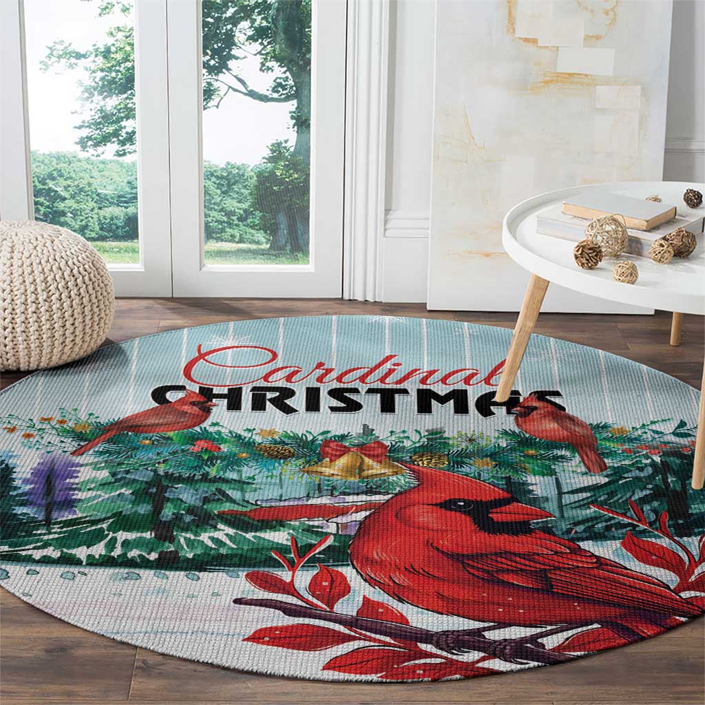 Round mint Christmas area rug with red cardinal bird and holly berry leaves print