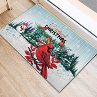 Mint rubber Christmas doormat with red cardinal bird, snowman, and pine tree graphics