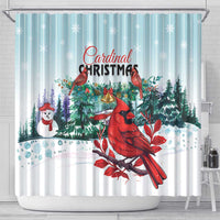 Mint Christmas shower curtain featuring cardinals and a snowy forest scene with red berries