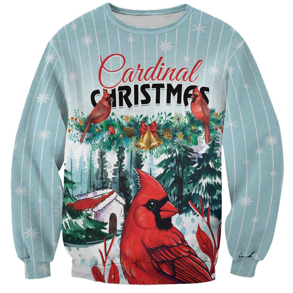 Mint Christmas sweatshirt with cardinal, trees, snowflakes, and 'Cardinal CHRISTMAS' print