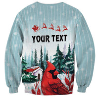 Mint Christmas sweatshirt back with cardinal, pine trees and 'YOUR TEXT' design
