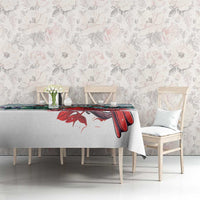 Mint Christmas tablecloth with red cardinals over pine trees and snow speckles