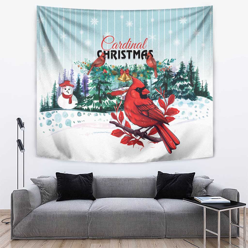 Cardinal Christmas tapestry with red cardinal, snowy forest and snowman