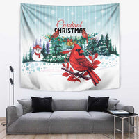 Cardinal Christmas tapestry with red cardinal, snowy forest and snowman
