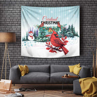Cardinal Christmas tapestry hanging on wall, red cardinal among evergreen trees
