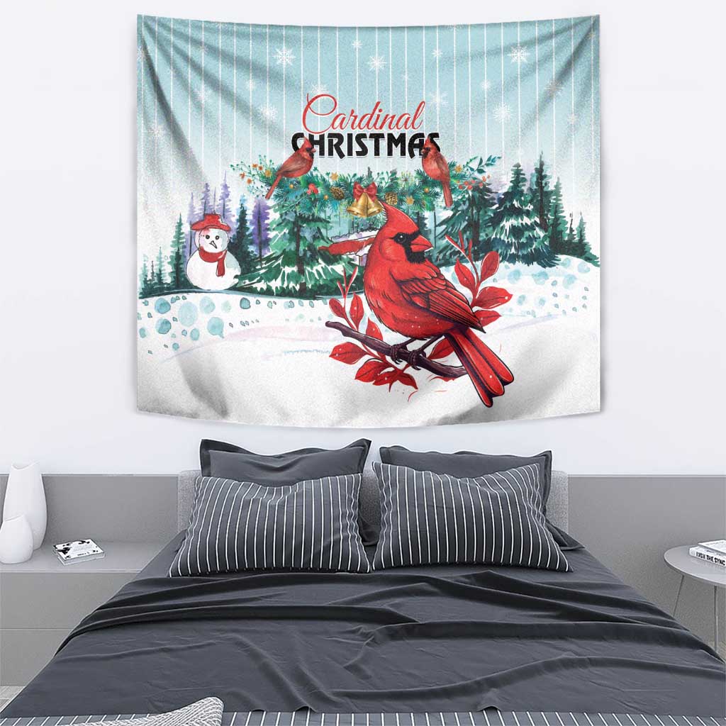 Cardinal Christmas tapestry above bed, red bird with snowman and pine trees