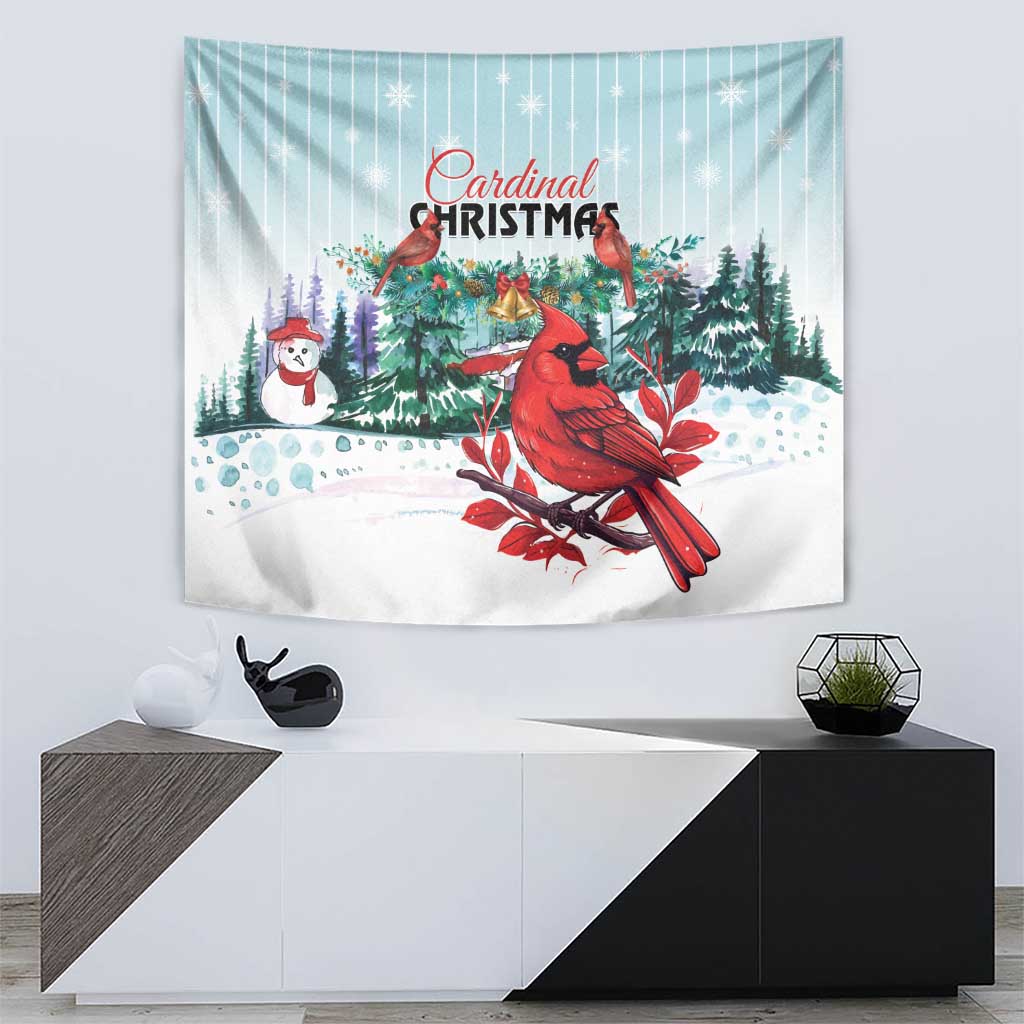 Cardinal Christmas tapestry with red cardinal, snowman, pine trees and berries