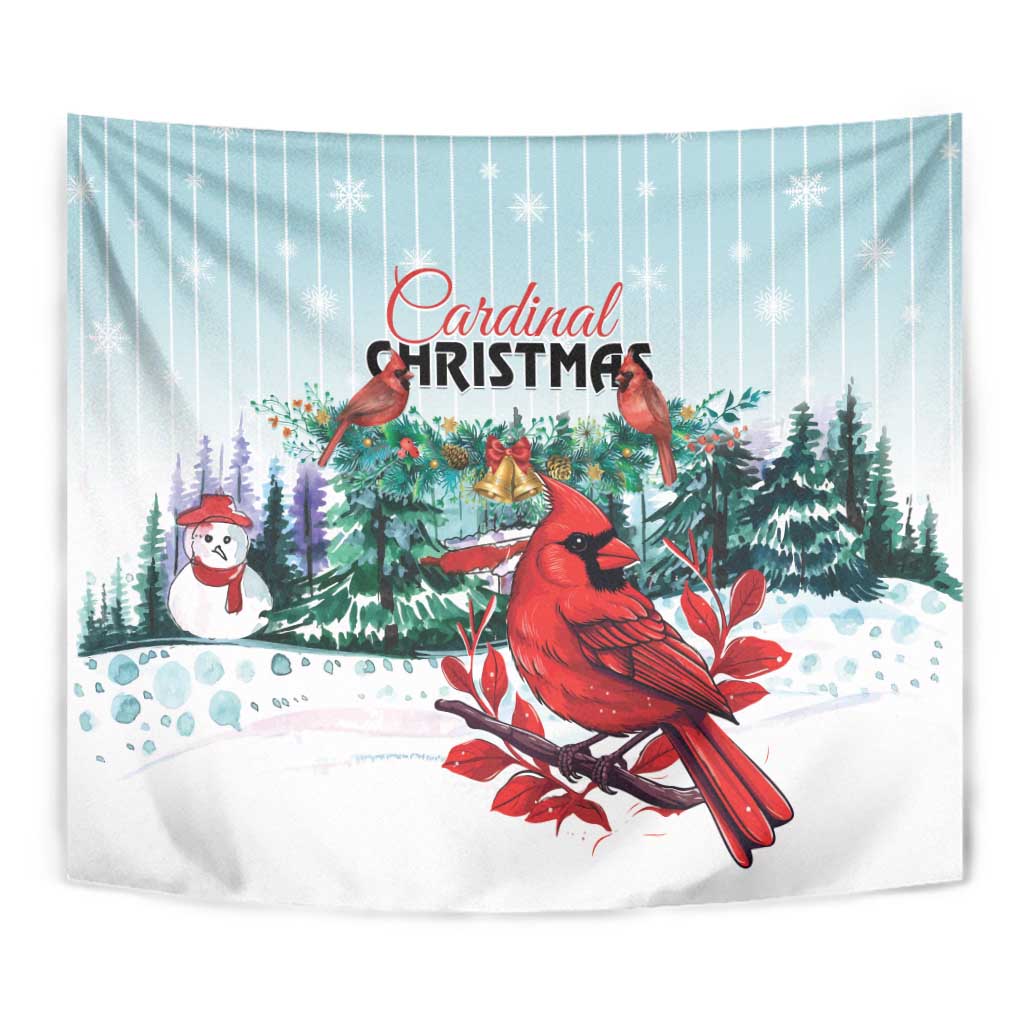 Cardinal Christmas tapestry close-up, red cardinal with snowman and evergreen trees