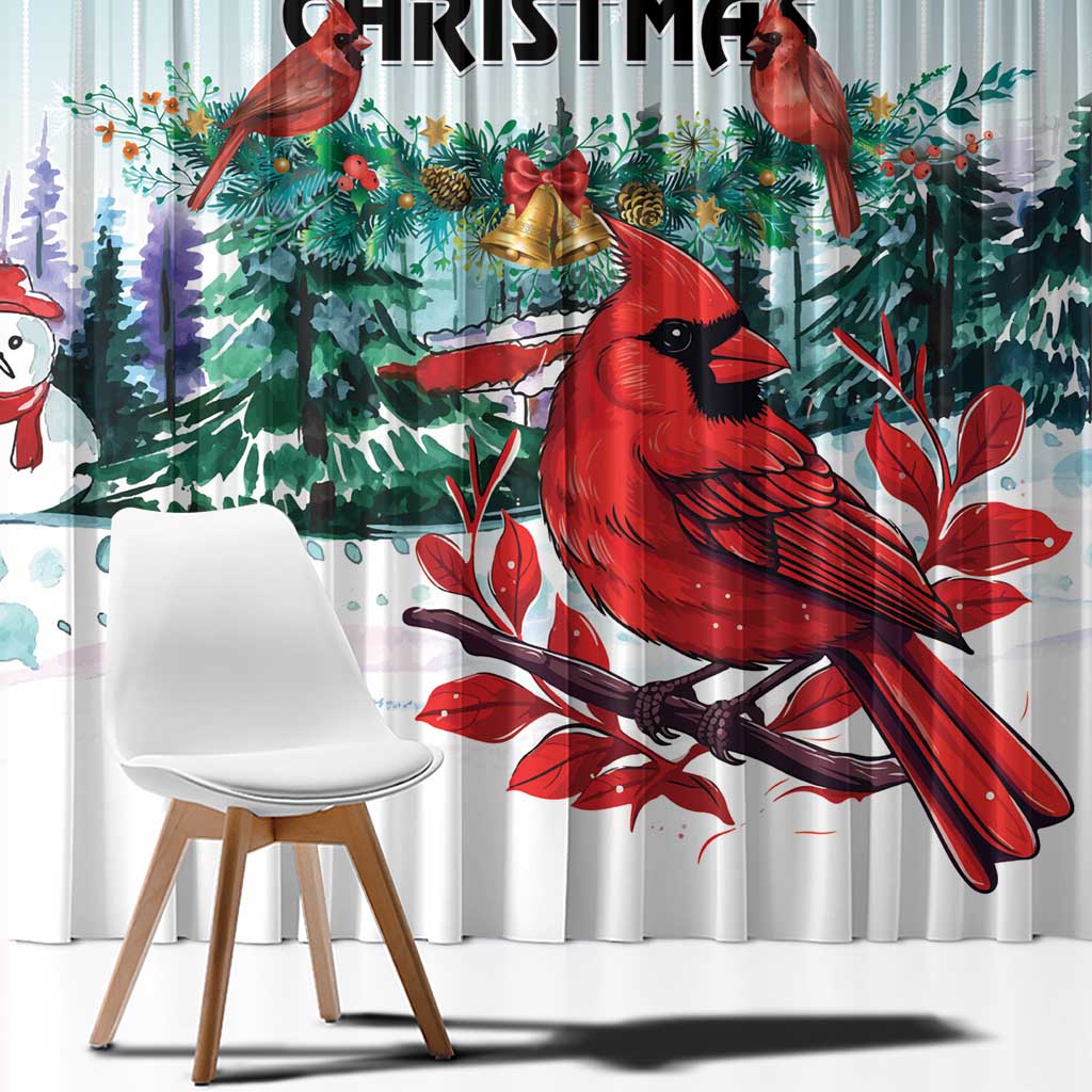Mint Christmas window curtain panel close-up: red cardinal, pine branches, snowflake motifs.
