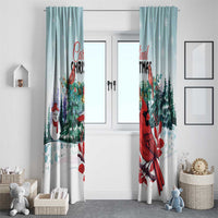Mint Christmas window curtain pair with red cardinal print and snowy tree landscape.