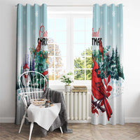 Mint Christmas window curtain with red cardinal design and evergreen tree pattern.