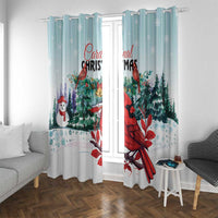 Mint Christmas window curtain panels showing red cardinal and pine tree artwork.