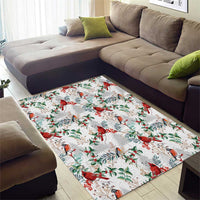 White Christmas area rug with red cardinals, green leaves, and mixed bird print