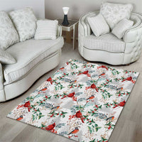 White area rug with red cardinal birds, green foliage, and detailed winter leaf print
