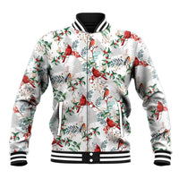 White baseball jacket with red cardinal and winter foliage print, ribbed cuffs and snap front
