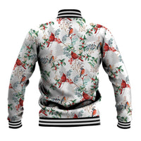 White baseball jacket with cardinal and holly foliage print, ribbed hem and striped collar