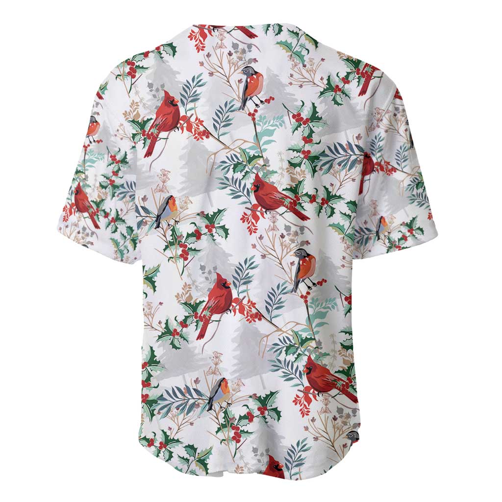 Baseball jersey with white base, red cardinals, and green holly leaves pattern