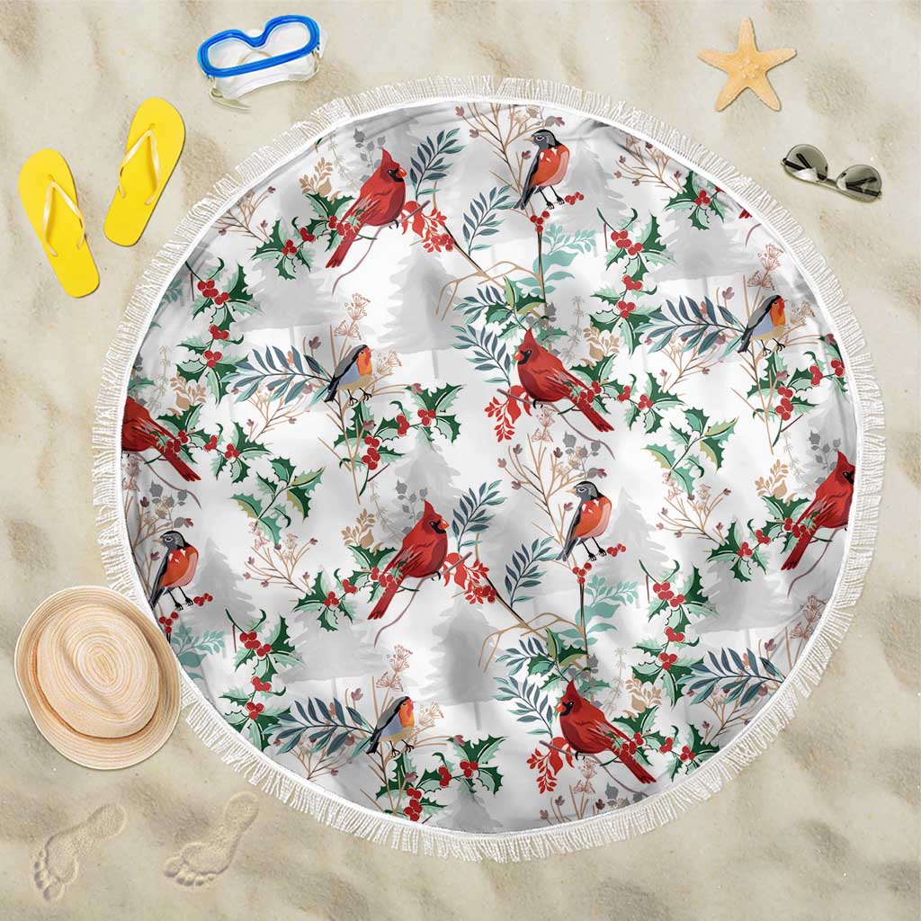 Round beach blanket in white with cardinal and holly pattern, fringed edge