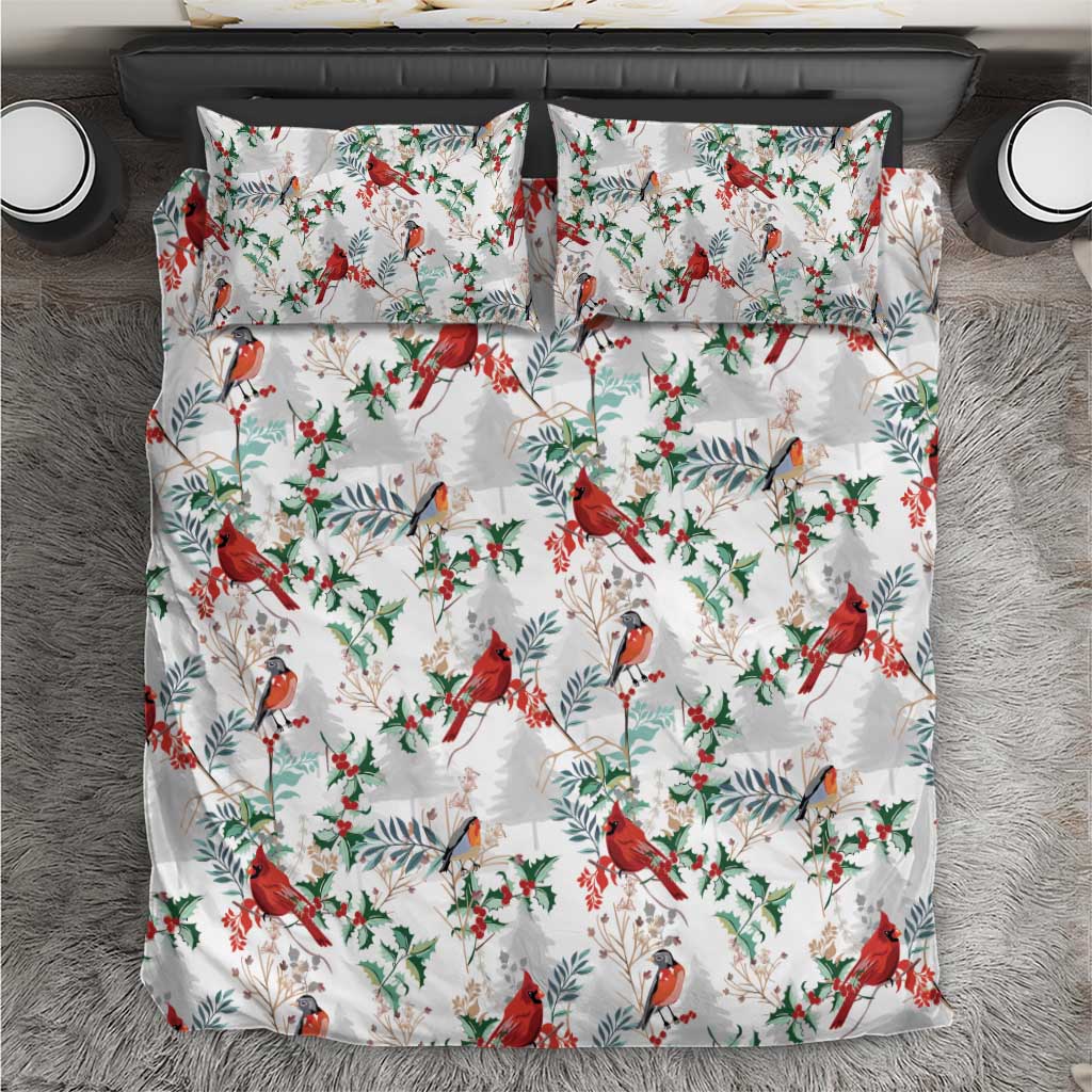 White bedding set with red cardinal and green foliage pattern, matching pillowcases