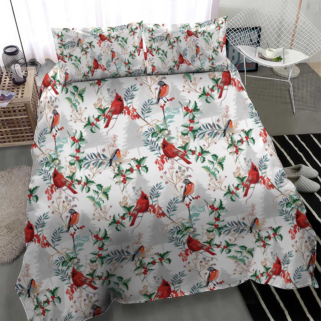 White duvet cover bedding set with red cardinal birds and green berry foliage pattern