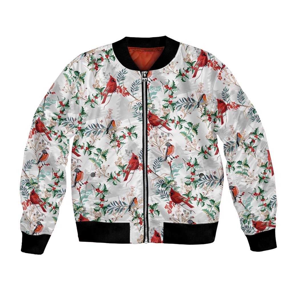 White unisex bomber jacket with cardinal and holly print, front zip, ribbed cuffs