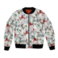 White unisex bomber jacket with cardinal and holly print, front zip, ribbed cuffs