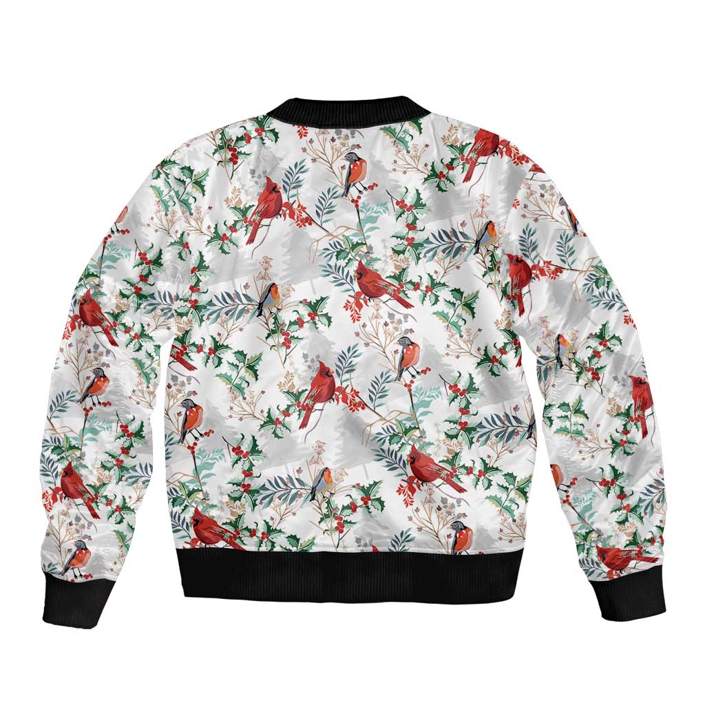 White unisex bomber jacket with cardinal and holly print, ribbed collar and hem
