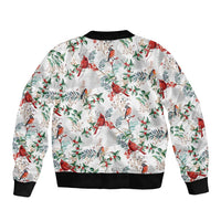 White unisex bomber jacket with cardinal and holly print, ribbed collar and hem
