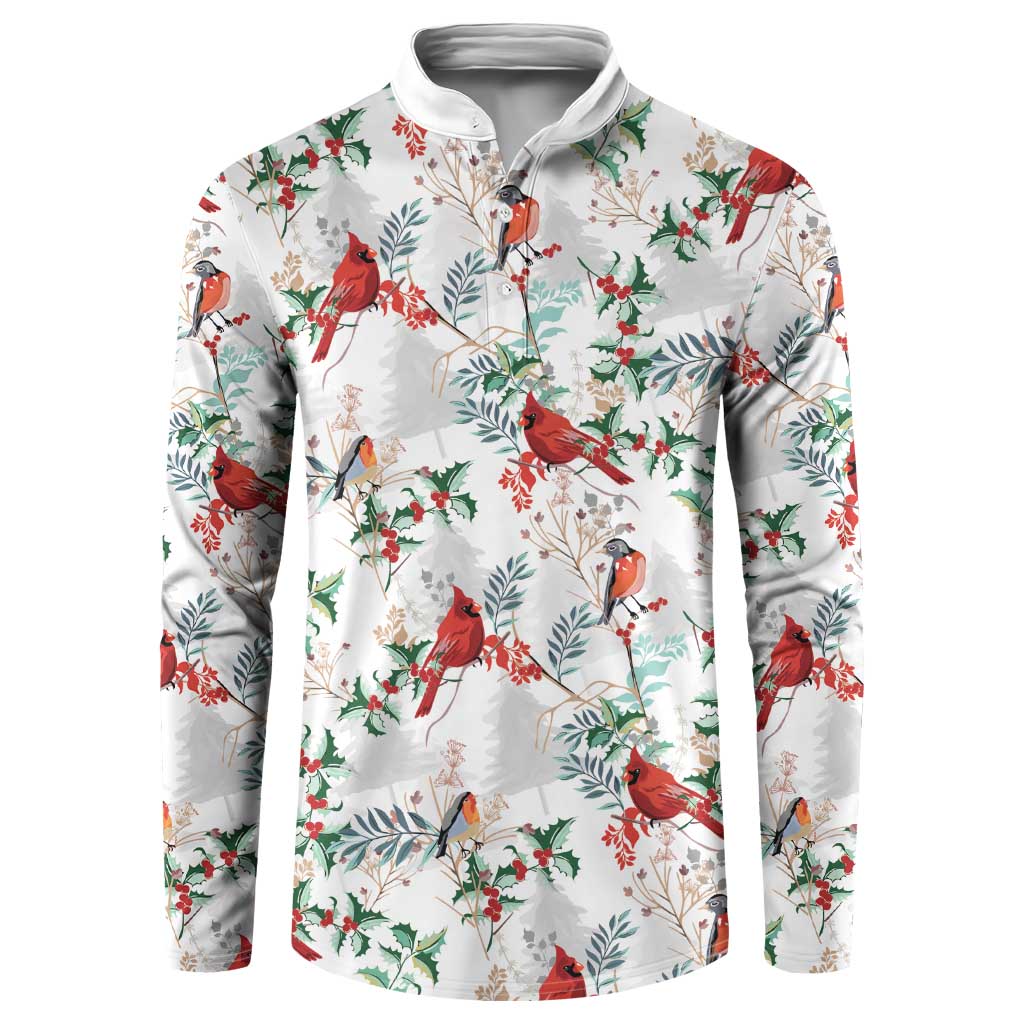 Men's white button-placket sweatshirt with red cardinal and green leaf pattern