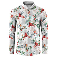 Men's white button-placket sweatshirt with red cardinal and green leaf pattern