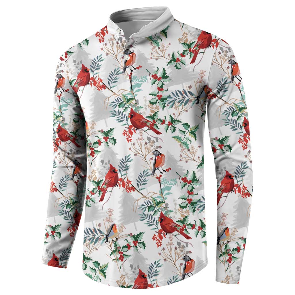 Men's white button-placket sweatshirt, allover cardinal and holly foliage print
