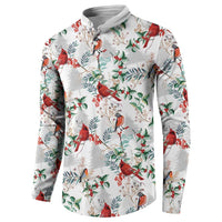 Men's white button-placket sweatshirt, allover cardinal and holly foliage print