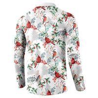 Men's white button-placket sweatshirt, back allover cardinal and holly print