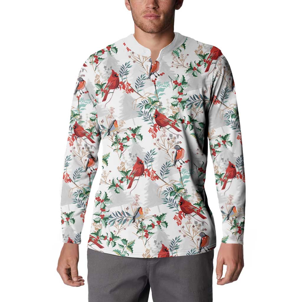 Men's white button-placket sweatshirt with cardinal and holly pattern, long sleeves