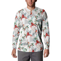 Men's white button-placket sweatshirt with cardinal and holly pattern, long sleeves