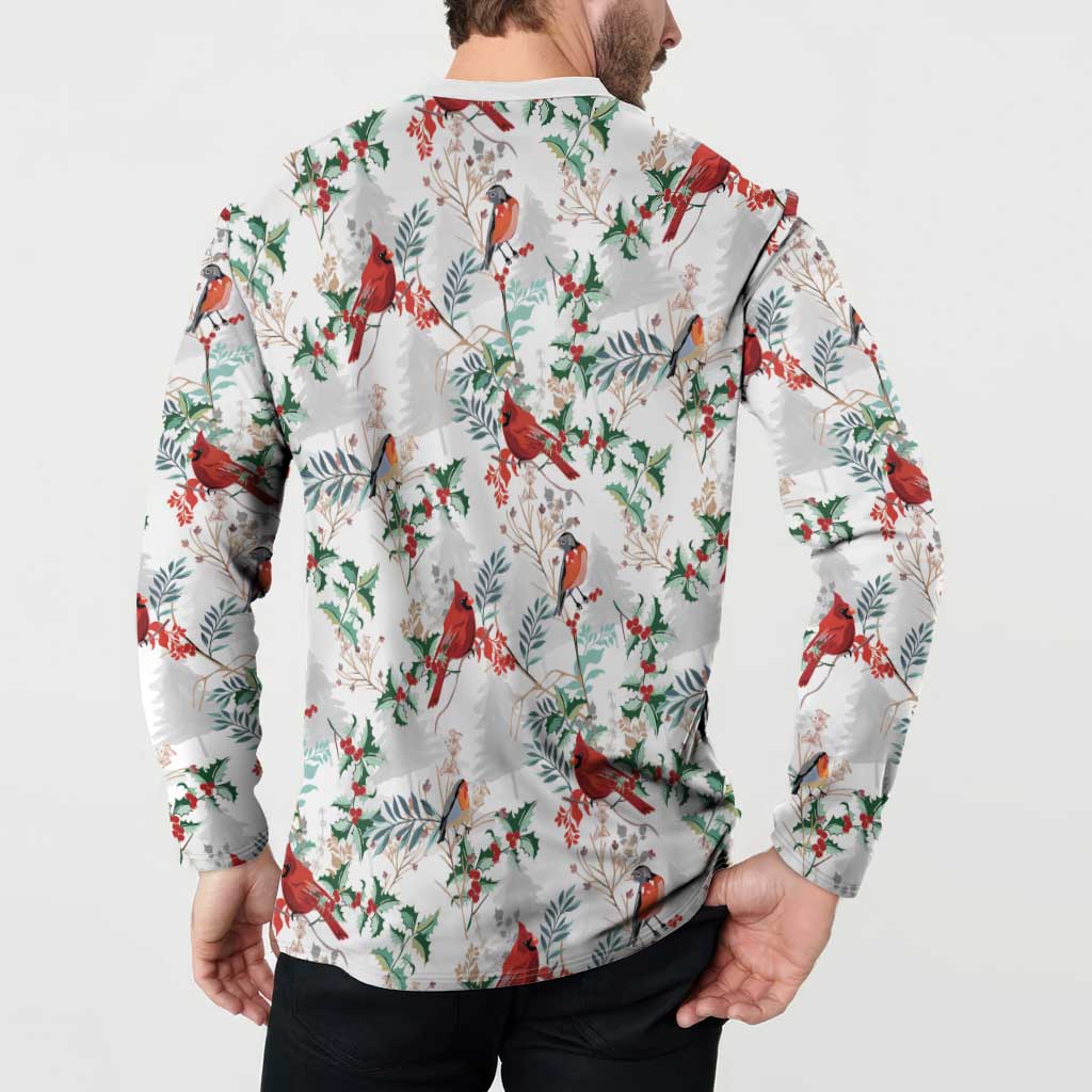 Men's white button-placket sweatshirt with cardinal and leaf print on reverse