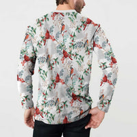 Men's white button-placket sweatshirt with cardinal and leaf print on reverse