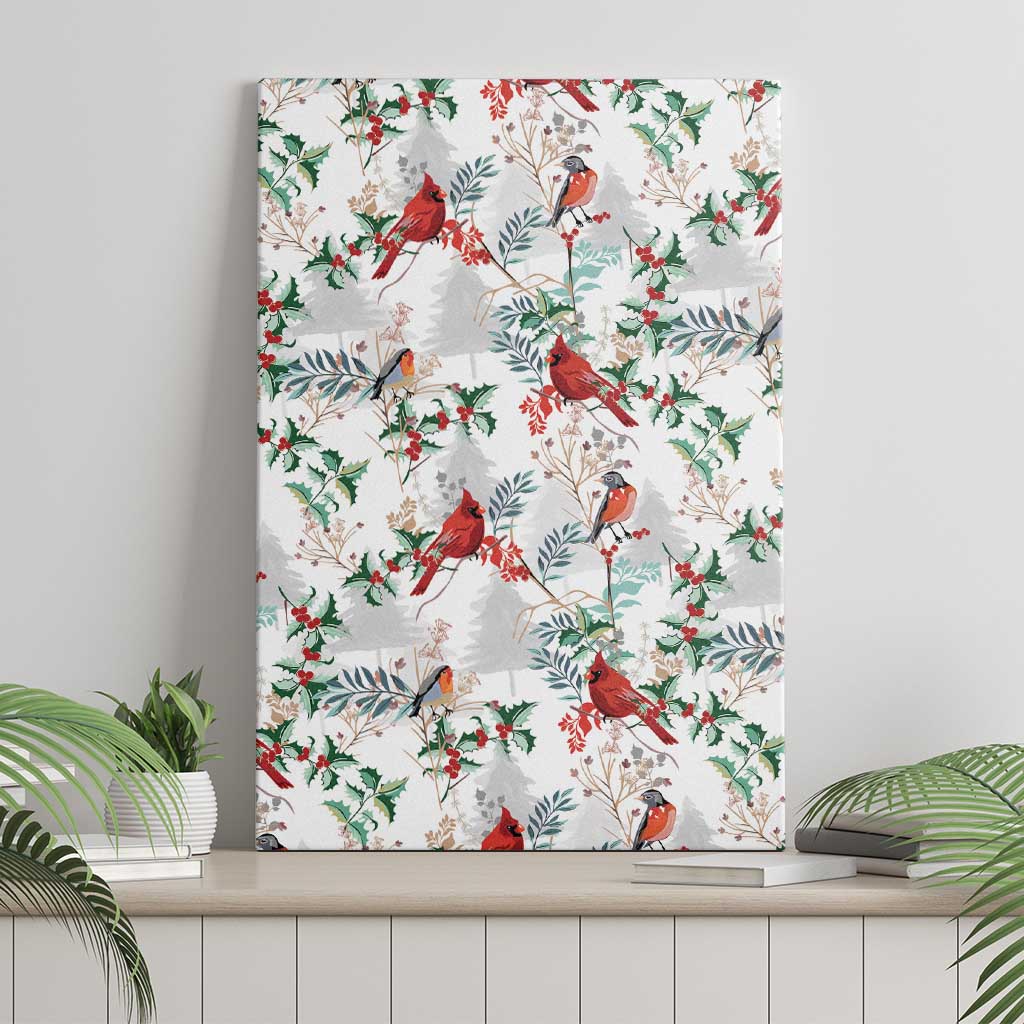 Christmas canvas wall art featuring red cardinals and winter foliage on a white field