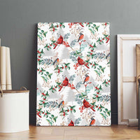 Christmas canvas wall art with scattered red cardinals, blue-gray berries, and greenery