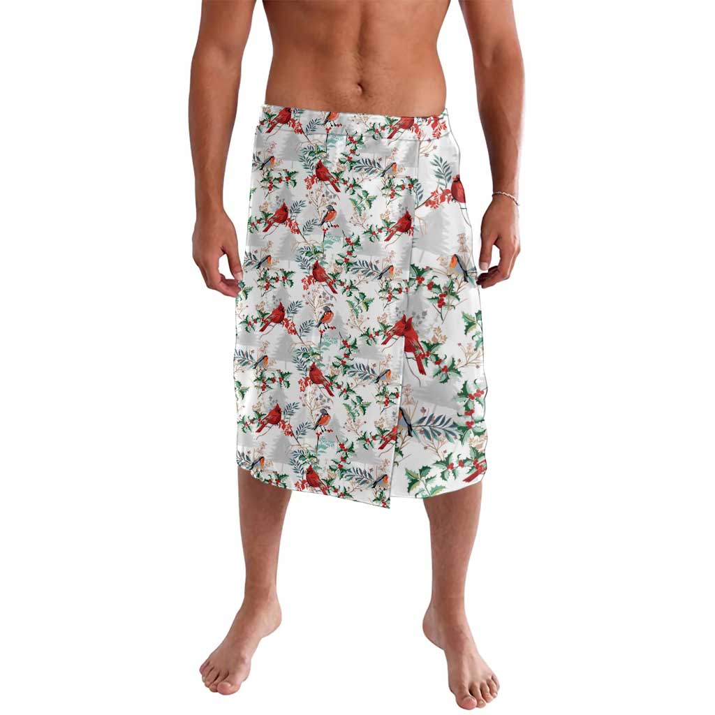 Men's Christmas bird shorts on white with red cardinals and green leaves