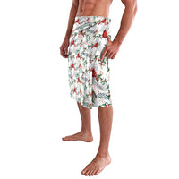 Men's Christmas bird shorts, side view in white with red cardinals and green leaves