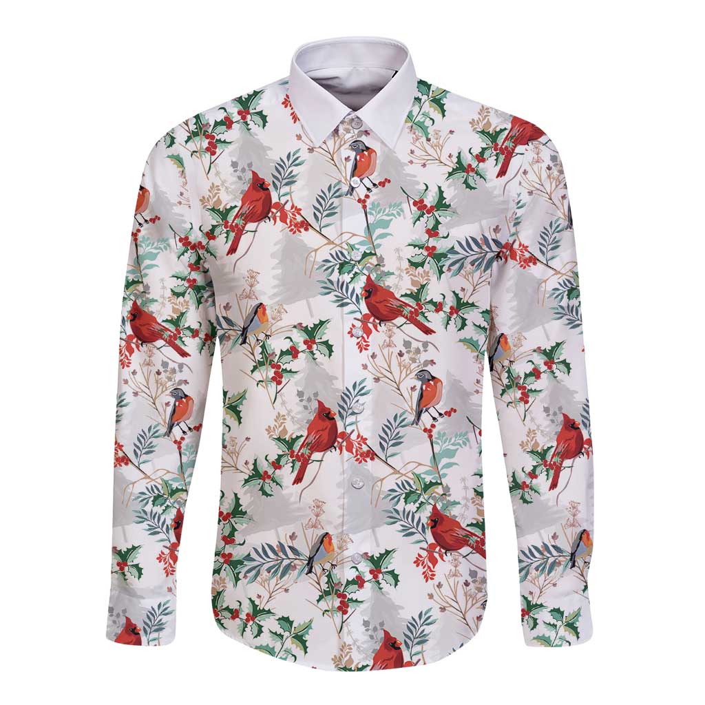 White long-sleeve button shirt, red cardinals and green leaf Christmas pattern