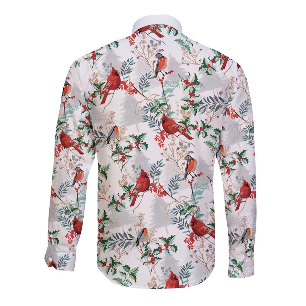 White long-sleeve button shirt back view with red cardinals and green leaf Christmas pattern